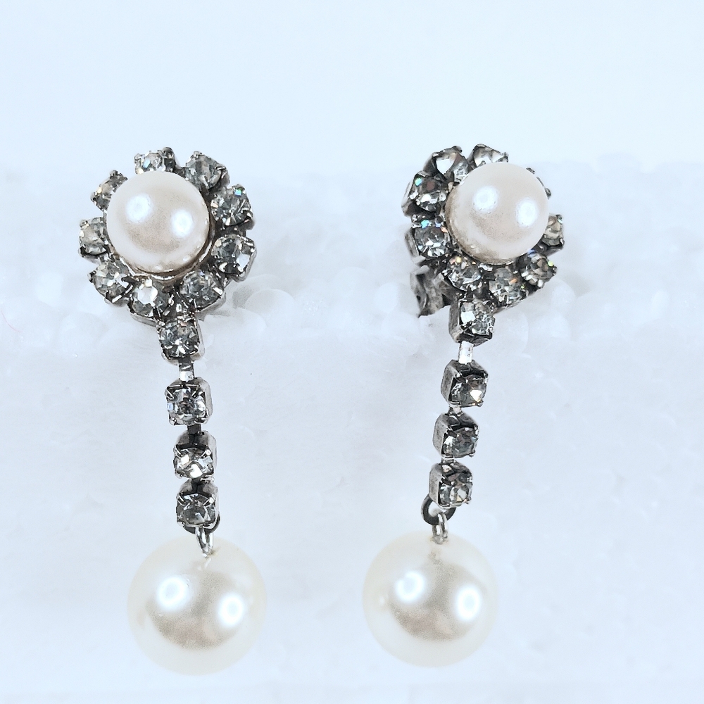 Earrings Rhinestones Faux Pearls Clip-on Mid-Century